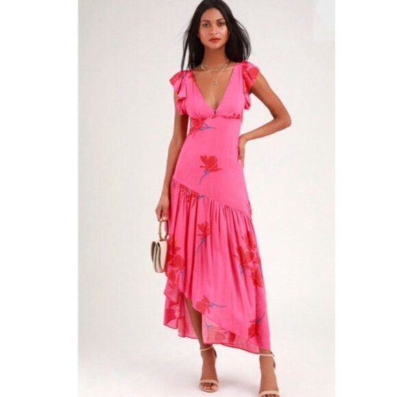 Free People Tropical Hawaiian Hibiscus Hot Pink Floral Maxi  Drtess Sz 4 # 1513 - Picture 3 of 13